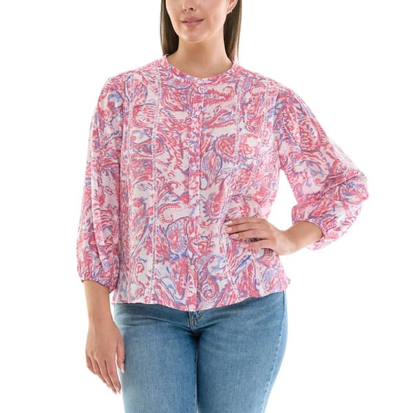 Plus Size Zac & Rachel 3/4 Sleeve Paisley Button Front Blouse