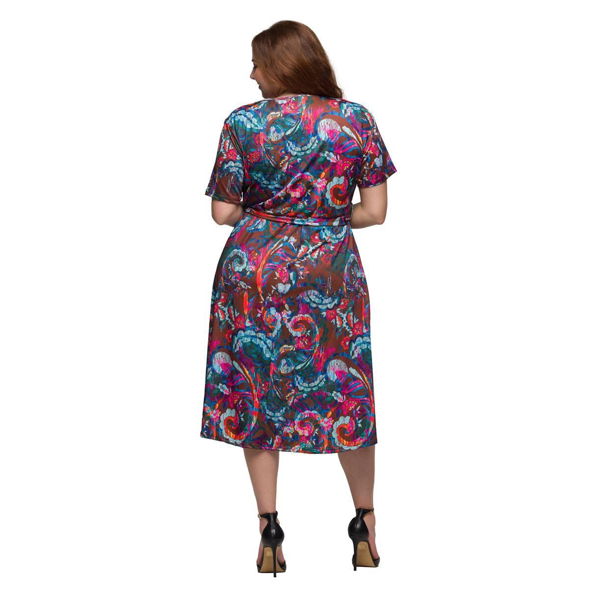 Plus Size 24/7 Comfort Apparel Brown & Pink Tie Waist Midi Dress