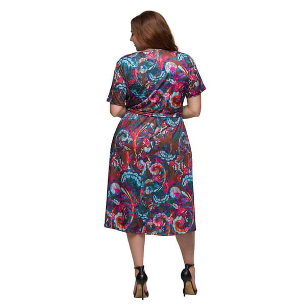 Plus Size 24/7 Comfort Apparel Brown & Pink Tie Waist Midi Dress