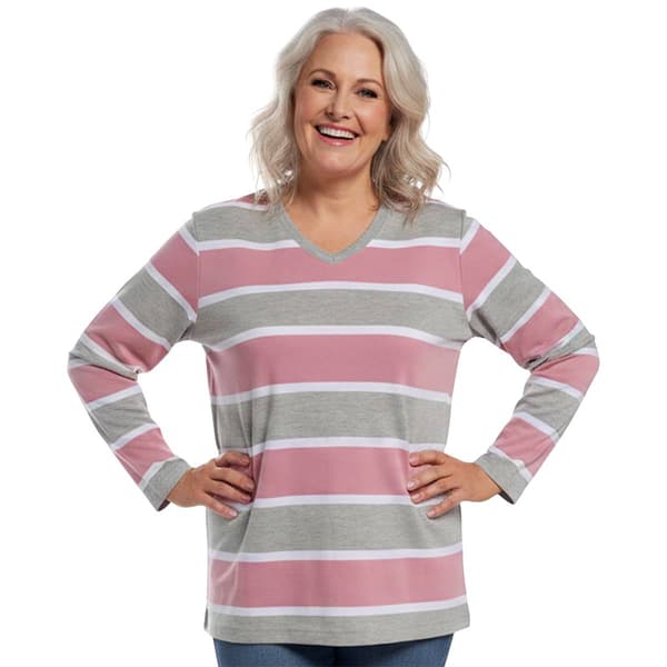 Plus Size Hasting & Smith Long Sleeve Rugby Stripe V Neck Tee - image 