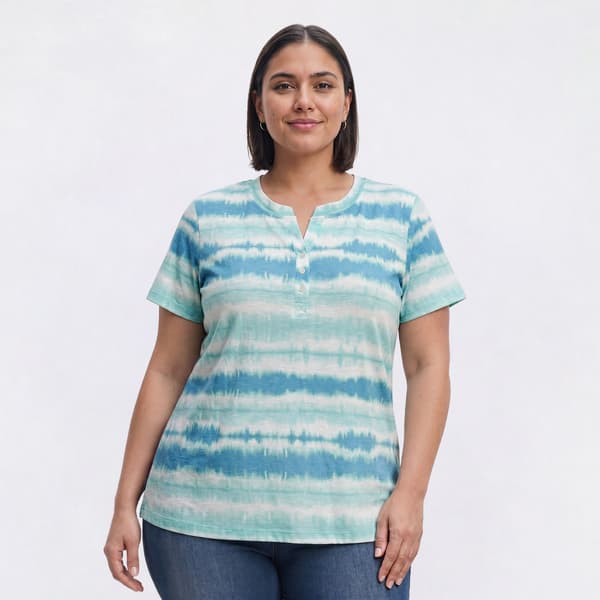 Plus Size Emily Daniels Short Sleeve Tie Dye Stripe Henley Tee - image 