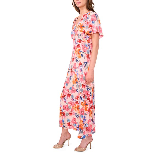 Womens MSK Short Sleeve V-Neck Floral Crepe Midi Dress