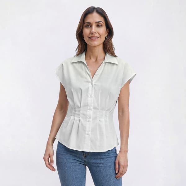 Womens Nicole Miller Cap Sleeve V Neck Pleated Poplin Blouse - image 