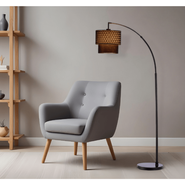 HomeRoots 71in. Brown & Black Arched Floor Lamp With Drum Shade