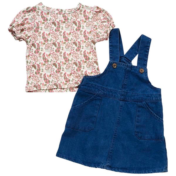 Toddler Girl Nannette Denim Jumper & Floral Puff Sleeve Top Set