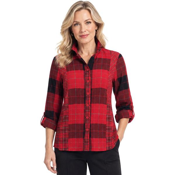 Womens Ali Miles 3/4 Roll Tab Sleeve Collared Plaid Button Front