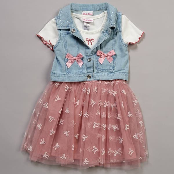 Girls (4-6x) Little Lass® 2pc. Denim Vest & Bow Mesh Dress