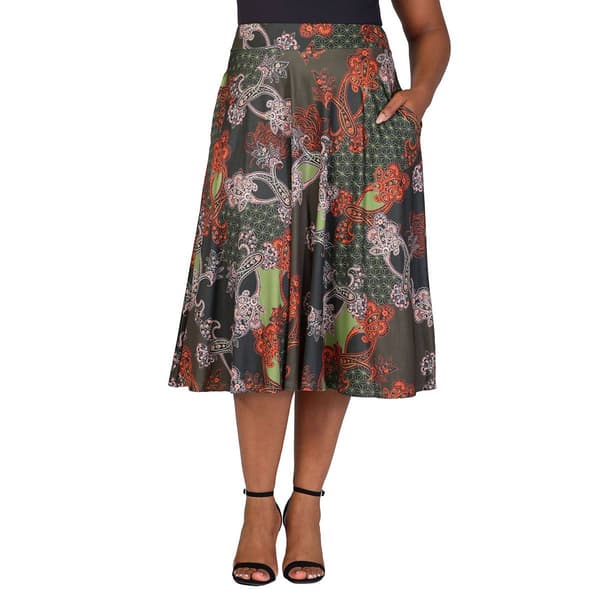 Plus Size 24/7 Comfort Apparel Paisley Elastic Waist Midi Skirt
