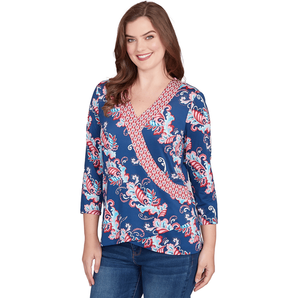 Womens Ruby Rd. Indigo Go Ikat Floral Surplice Neck Blouse