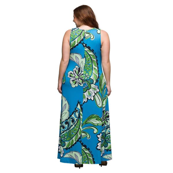 Plus Size 24/7 Comfort Apparel Blue Paisley Sleeveless Maxi Dress