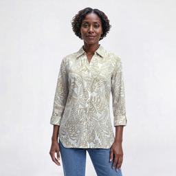 Petite Emily Daniels 3/4 Sleeve Stencil Leaves Button Down