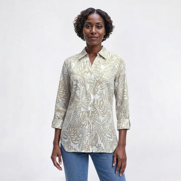Womens Emily Daniels 3/4 Sleeve Stencil Leaves Button Down - image 