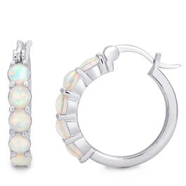 Sterling Silver Created White Opal Hoop Earrings