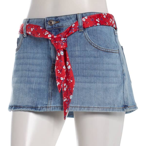 Juniors Madden Girl Floral Scarf Belt Mini Denim Skirt - image 