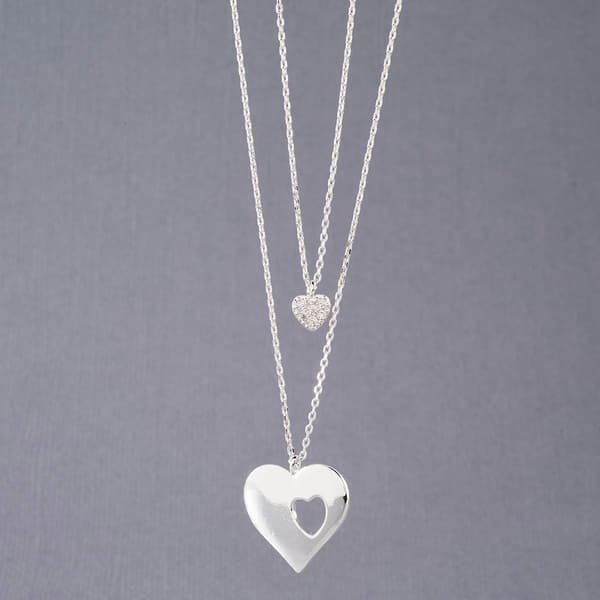 Inspirational Silver Open Heart Duo Necklace with Pave Stones - image 