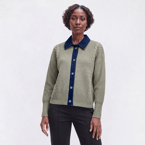 Womens Cyrus Long Sleeve Cable Denim Trim Button Front Cardigan - image 
