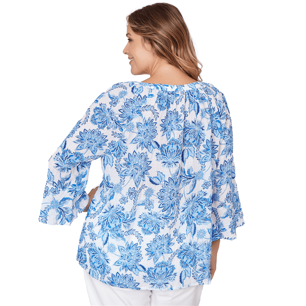 Plus Size Hearts of Palm Embraceable Blue Floral Crinkle Blouse