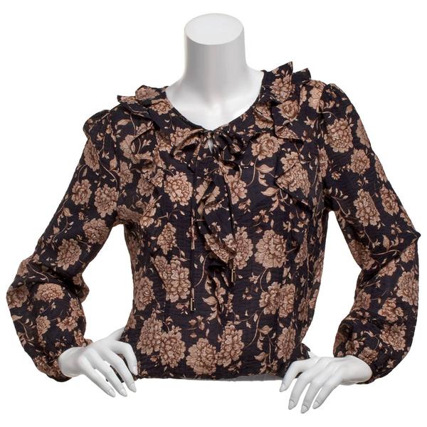 Womens Nautica Long Sleeve Floral Tie Keyhole Neck Blouse - image 