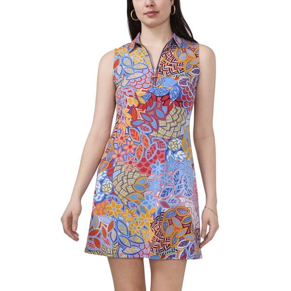 Womens MSK Sleeveless Floral Half Zip Neck A-Line Dress - Coral