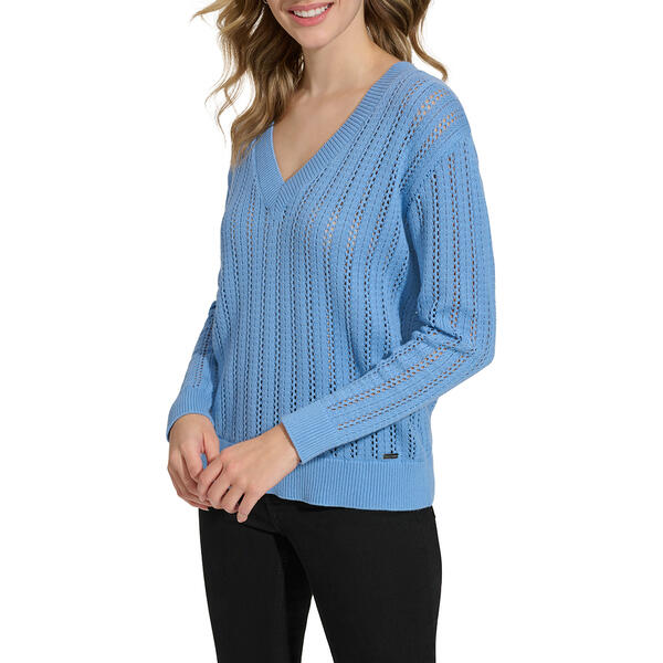 Womens Calvin Klein Long Sleeve V-Neck Open Stitch Stripe Sweater - image 