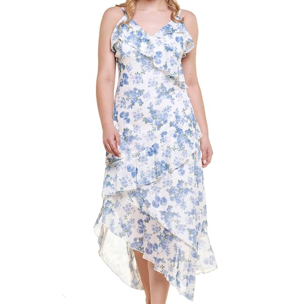 Juniors No Comment Asymmetrical Floral Mesh Midi-Slip Dress