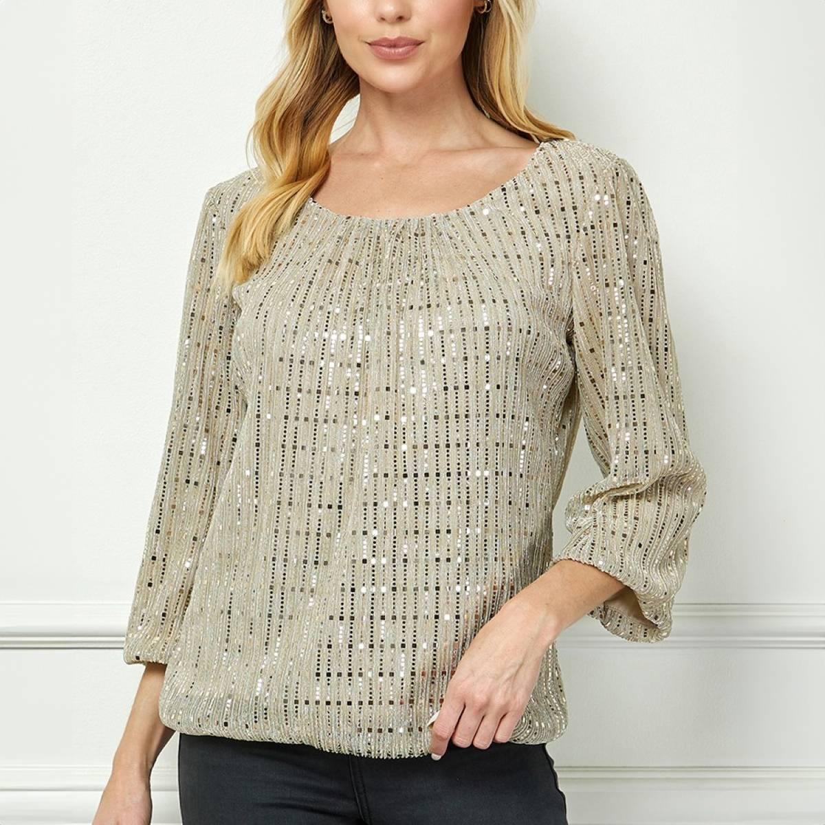 Womens Sara Michelle 3/4 Sleeve Bubble Hem Sequin Blouse