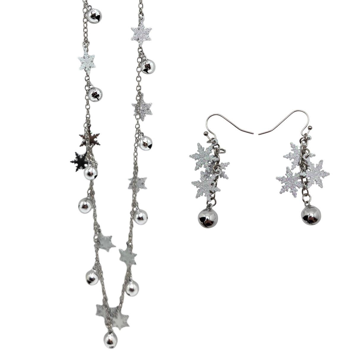 Silver-Tone Snowflake w/ Bells Necklace & Earring Set