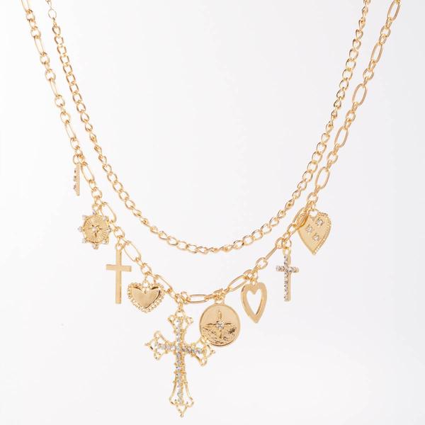 Ashley Gold-Tone Layered Chunky Chain Cross & Heart Necklace - image 