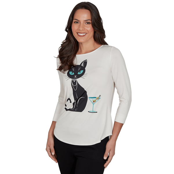 Womens Emaline Key Items 3/4 Sleeve Martini Cat Graphic Tee