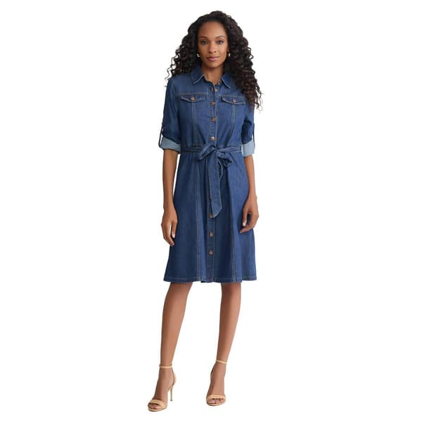Womens Jones New York Roll Tab Sleeve Belted Shirt Dress