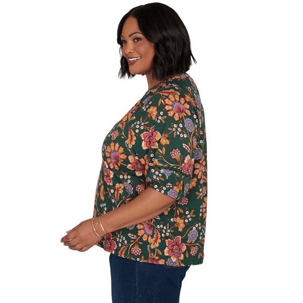 Plus Size Ruby Rd. Game of Luxe Elbow Sleeve Floral Vines Blouse