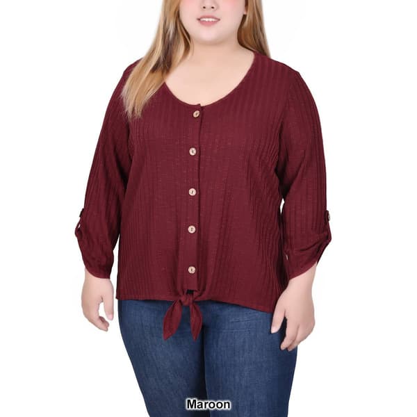 Plus Size NY Collection Solid Button Front Rib Tie Top