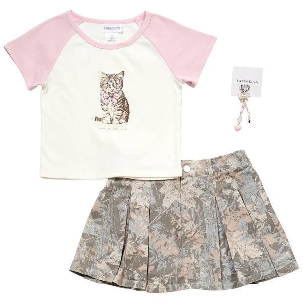 Girls (7-12) Tween Diva Cat Raglan Tee w/ Camo Skort Set - image 
