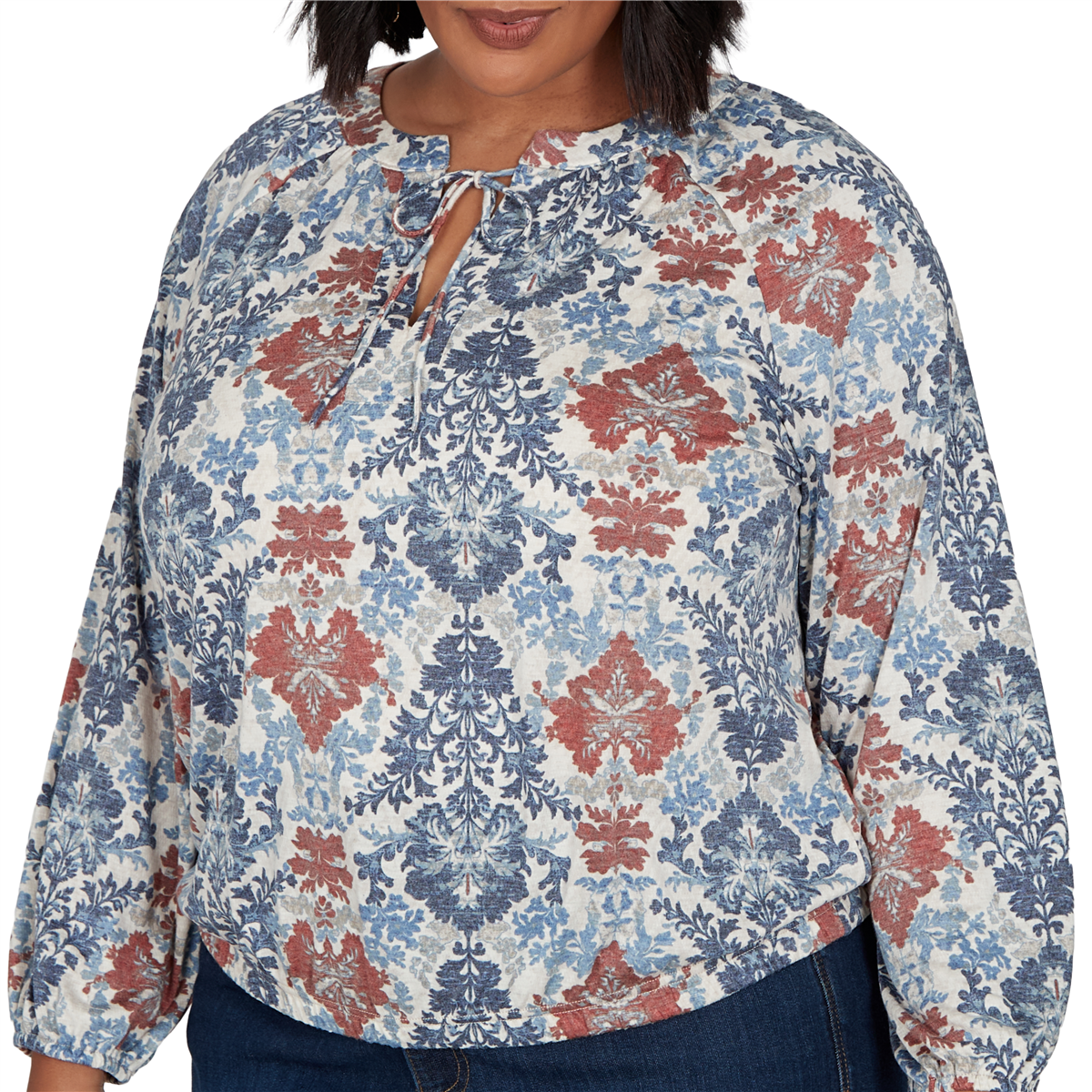 Plus Size Skye’s the Limit Urban Heirloom Tie Neck Damask Blouse