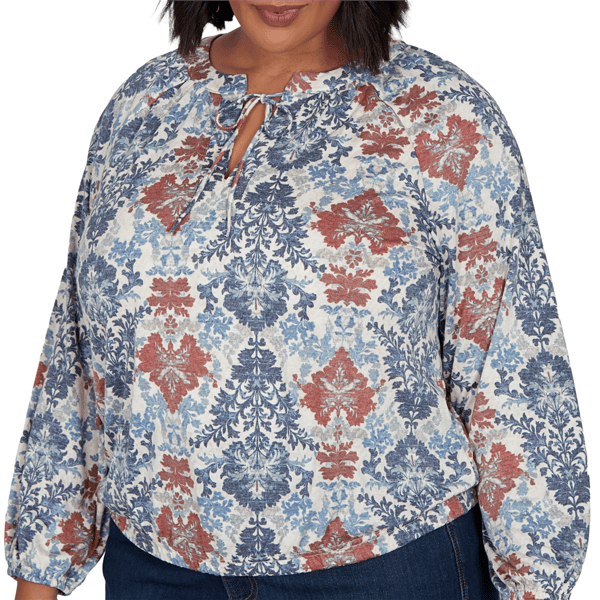 Plus Size Skye’s the Limit Urban Heirloom Tie Neck Damask Blouse