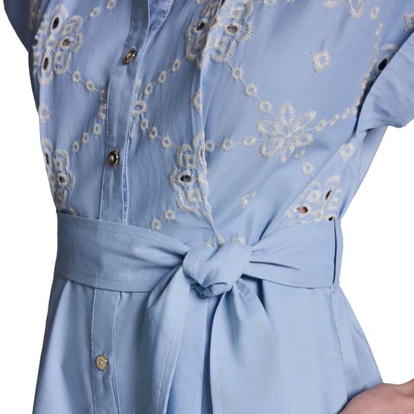 Womens Halston Short Sleeve Rolled Cuff Crochet Shirtdress