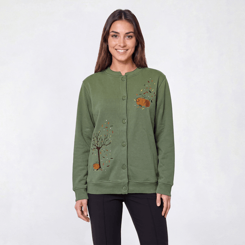 Womens Hasting & Smith Fall Tree with Pumpkins Fleece Cardigan - image 