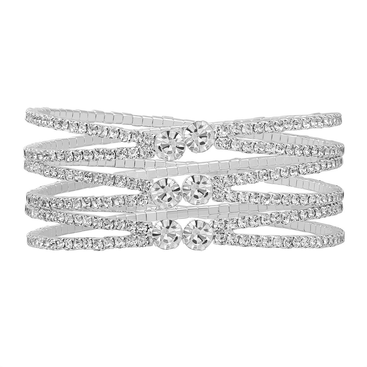 Roman Silver-Tone Crystal Cup Chain Triple Row Cuff Bracelet
