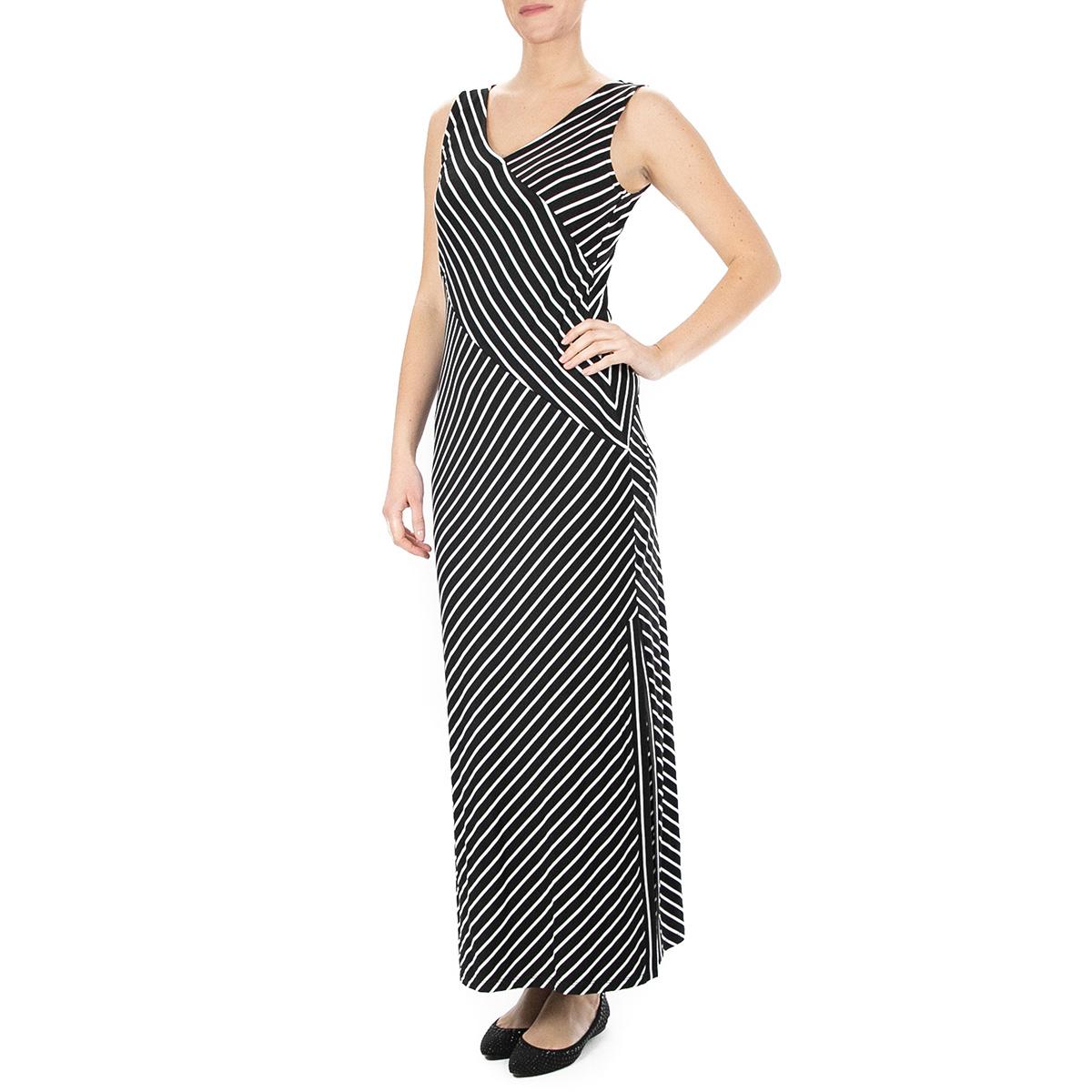 Womens Nina Leonard Sleeveless Asymmetric Stripe Maxi Dress-Black