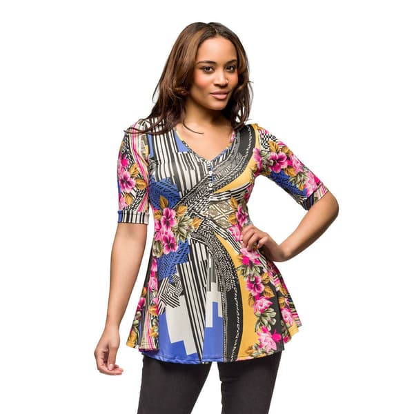 Womens 24/7 Comfort Apparel Multicolor Floral Henley Tunic Top