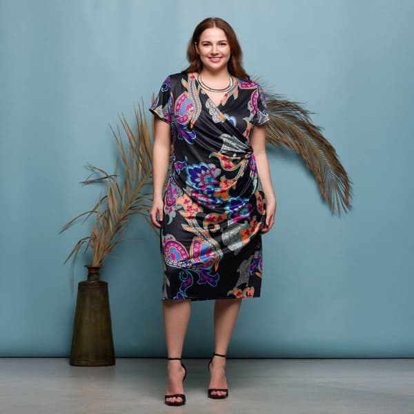 Plus Size 24/7 Comfort Apparel Black Paisley Faux Wrap Dress