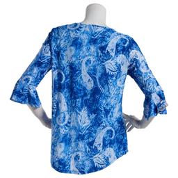 Womens Notations 3/4 Ruffle Sleeve Keyhole Jacquard Blouse