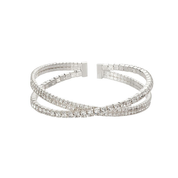 Roman Silver-Tone Crystal Cup Chain Open X Bangle Bracelet - image 