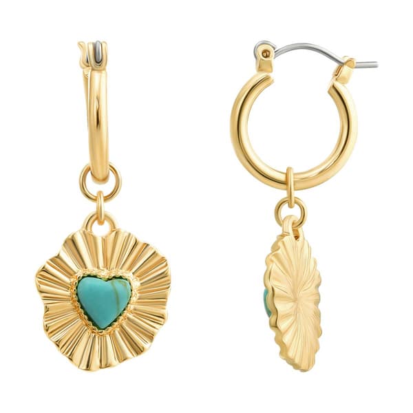 Roman Gold-Tone Hoop with Turquoise Ruffled Heart Charm Earrings - image 