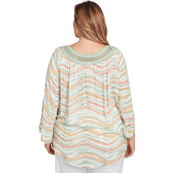 Plus Size Ruby Rd. Tropical Oasis Crochet V-Neck Stripe Blouse