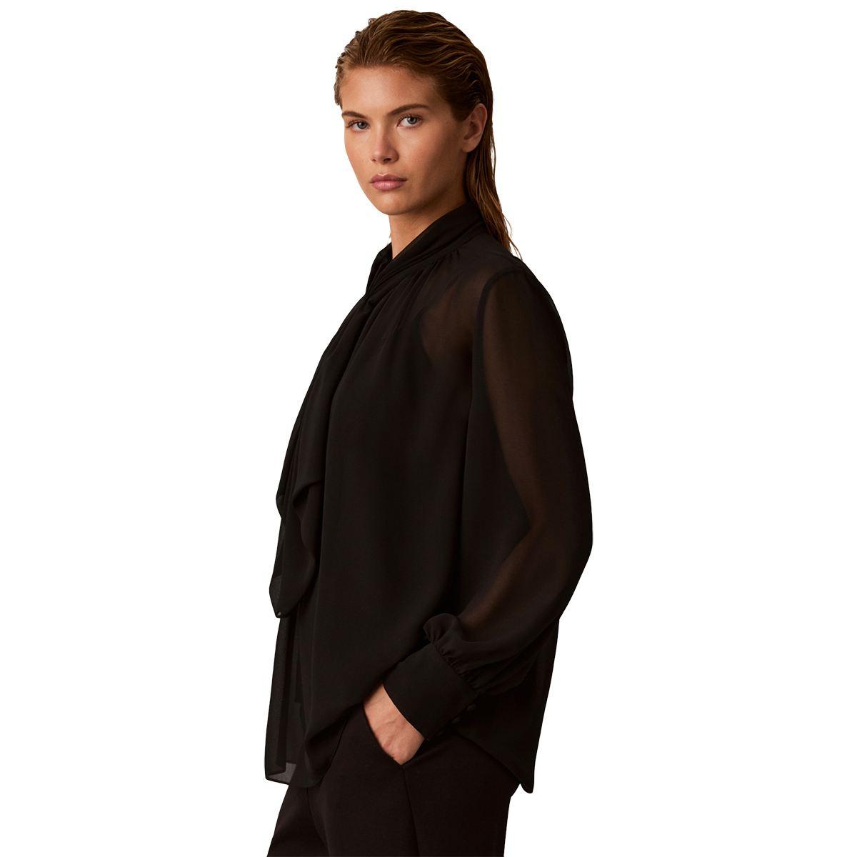 Womens Calvin Klein Long Sleeve Ruffle Neck Sheer Blouse