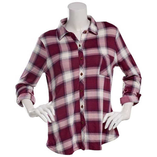 Juniors No Comment Plaid Fleece Roll Tab Sleeve Flannel - Maroon - image 