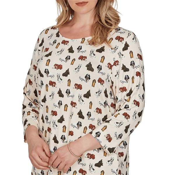 Plus Size Emaline Key Items 3/4 Sleeve Boat Neck All Over Dog Tee