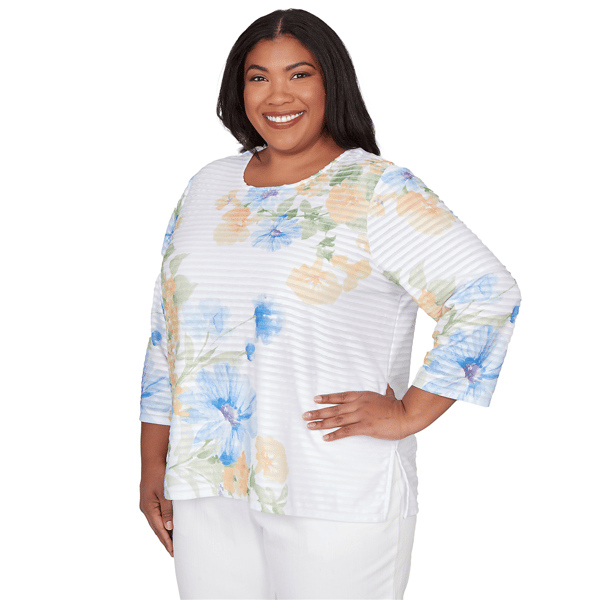 Plus Size Alfred Dunner Classics 3/4 Sleeve Floral Stripe Blouse