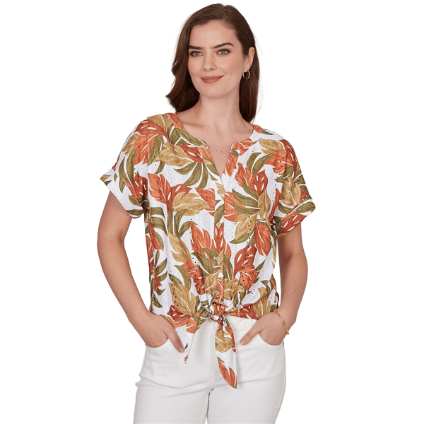 Womens Hearts of Palm Tropical Twist Eyelet Tie Hem Blouse - image 